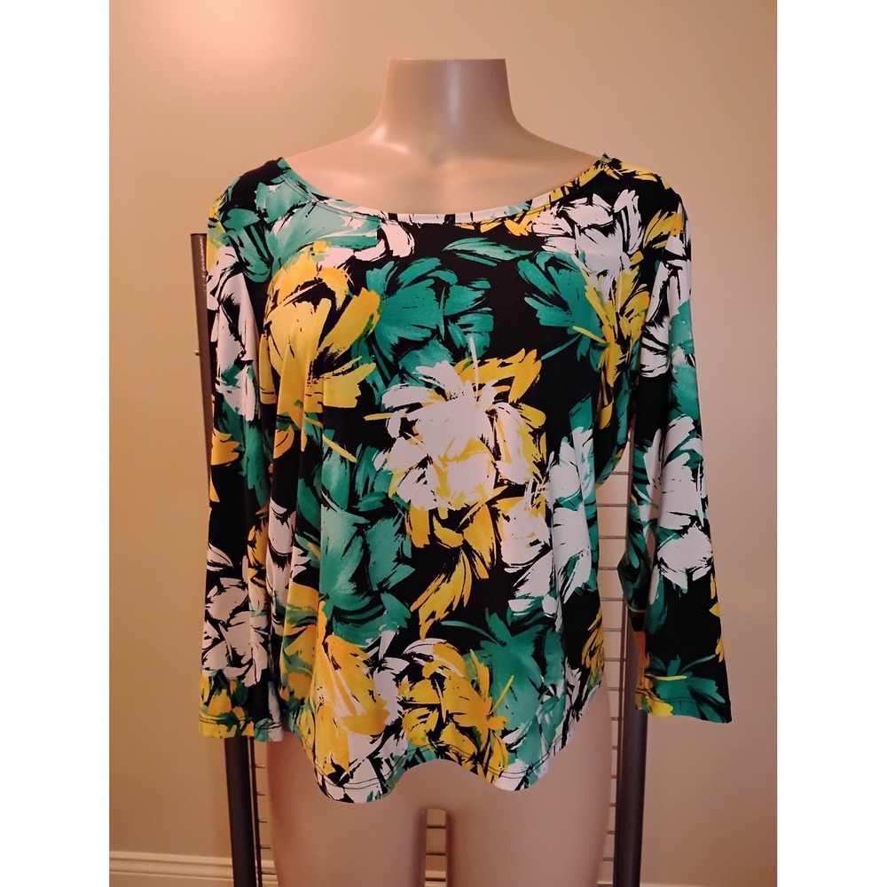 Peter Nygard Womens Tropical Floral Palm Print 3/4 Sleeve Scoop Neck Top GreenXL